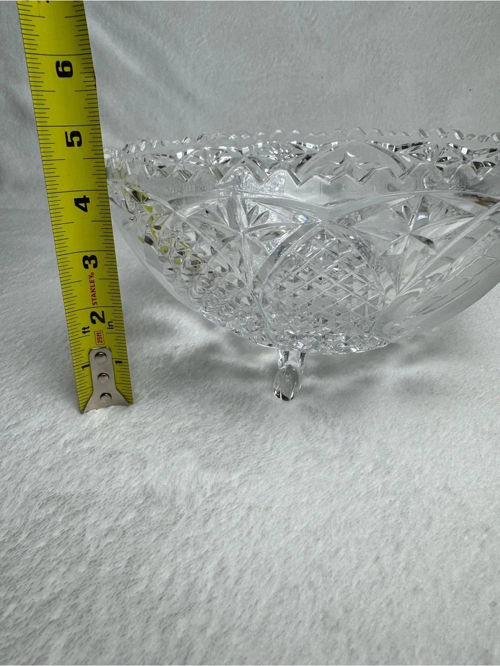 This vintage crystal cut and pressed pear and grape etched footed bowl 8.5”
